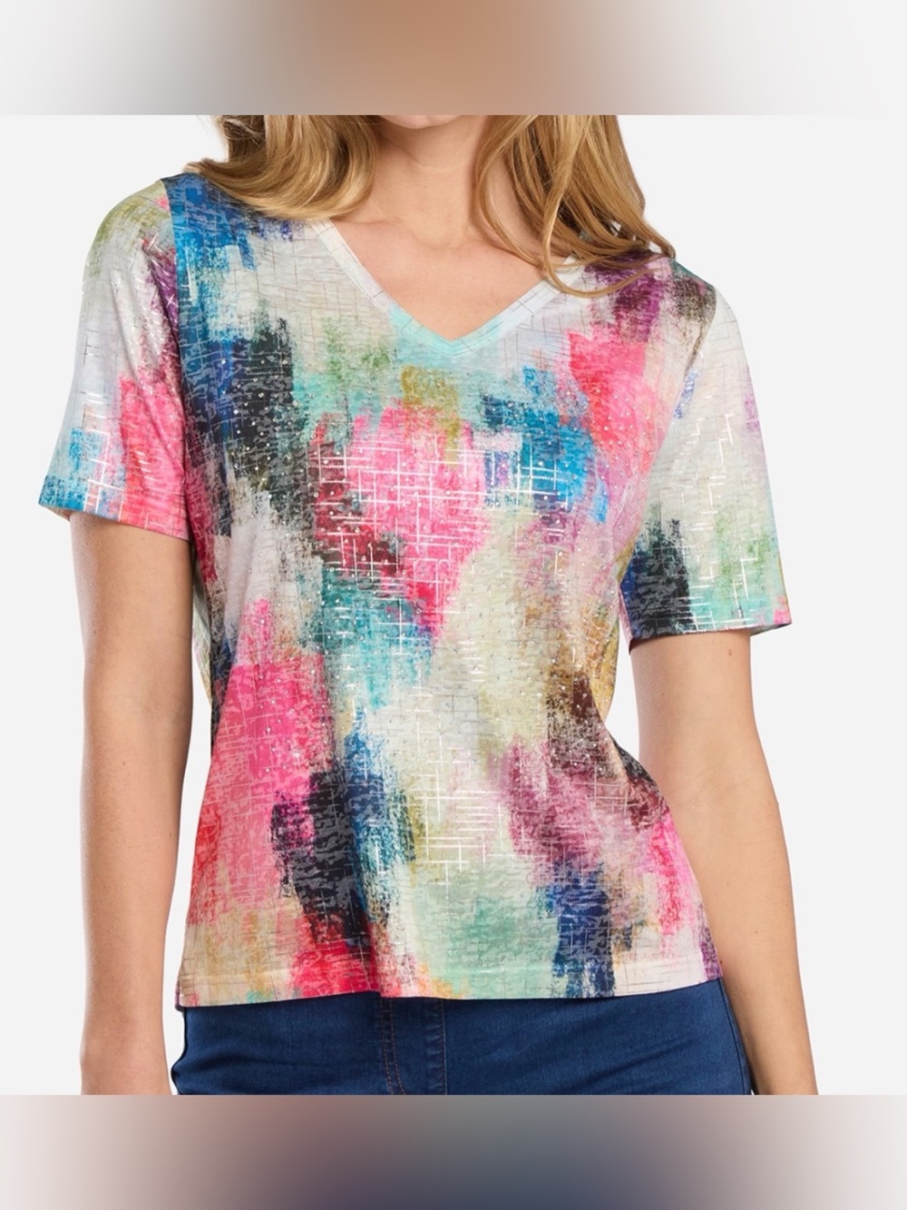 Women’s Abstract Watercolor Rhinestone‎ V-Neck Top Short Sleeve Multicolor Tee L